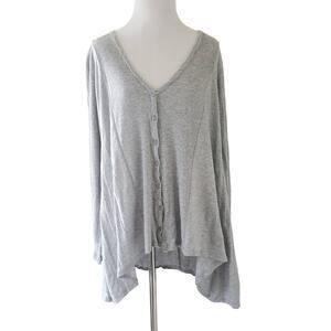 Blue Saks Shirt Ribbed Knit Gray V-Neck Asymmetrical Hem Sheer Insert Large